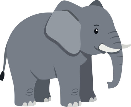 A cheerful grey elephant standing with a playful stance in flat vector art showcasing a friendly expression and cartoonish features in a minimalist design style