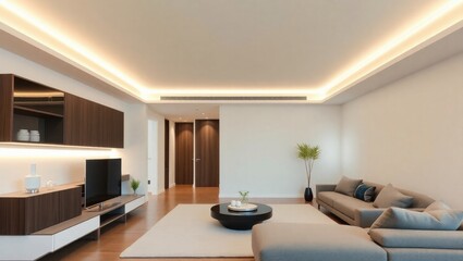 Fototapeta premium A modern living room interior showcasing minimalist design and warm lighting, creating a serene and inviting atmosphere for relaxation