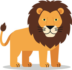 Fototapeta premium A cheerful lion with a thick mane standing confidently on a light grey surface in a flat, minimal design style vector illustration