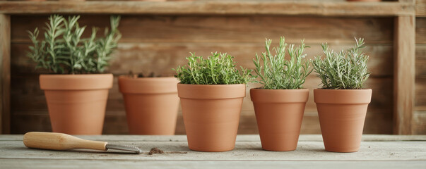 Potted herbs on wooden table, showcasing vibrant greenery and gardening tools