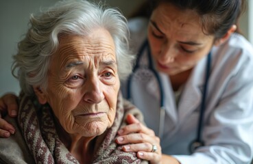 Senior woman with caregiver in hospice care. Aging female patient with Parkinson or Alzheimer disease assisted by doctor. Geriatric medicine, elderly support, awareness of amnesia disorder.