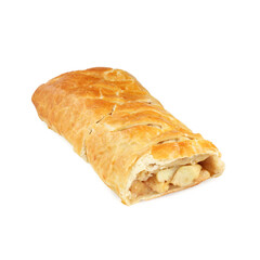 Delicious strudel with apples and powdered sugar isolated on white