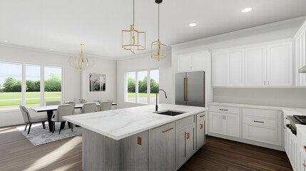Elegant white kitchen with gold lighting fixtures, marble countertops, and a bright open-concept layout UHD 4K Image
