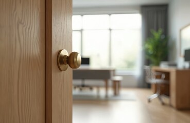 Close-up of brass doorknob on light wooden door. Half open entrance to blur interior bedroom. Home apartment door handle for security. Modern interior design solutions to open privacy.