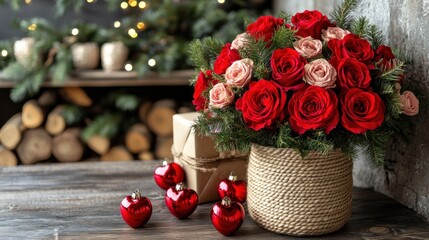 Christmas rose bouquet on rustic wooden table