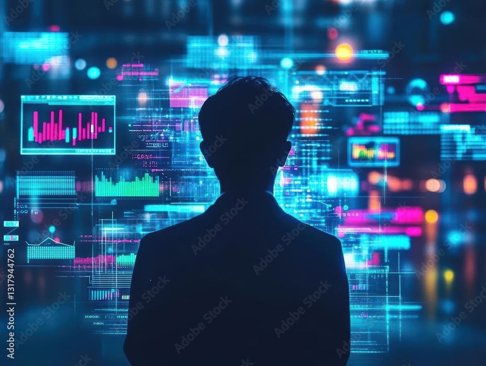 Poster a person observes digital data and analytics visuals, representing technology and data analysis in a