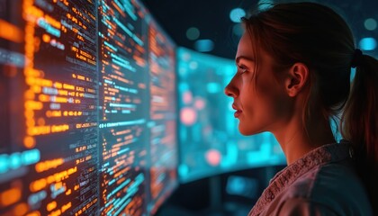 Young woman engaged in data processing, looks at code running on multiple screens filled with orange and blue lines and abstract patterns. Concept of advanced tech use.