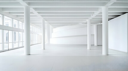 Fototapeta premium Bright White Empty Modern Interior Space with Large Windows and Geometric Design Elements