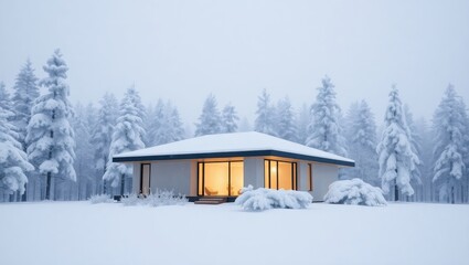 A Serene Winter Retreat, Modern Home Amidst Snow-Covered Evergreens Landscape