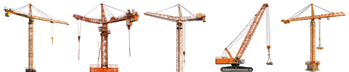 Construction Cranes on Construction Site for Urban Development Projects, PNG bundle collection, Isolated on Transparent Background
