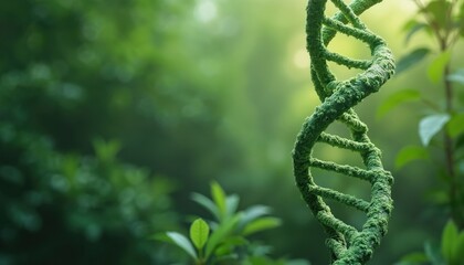 Green DNA double helix in nature background. Genetic engineering, biotech science. Concept for research, medicine, innovation, evolution. Promotes healthcare, sustainability, eco awareness,