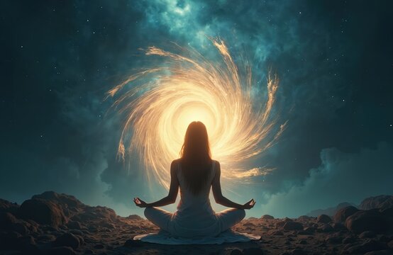 AI generated portrait of meditating woman sitting against cosmic energy spiral on dark nature background. Female in yoga pose, relaxing. Concept of astral chakra healing, mind balance.