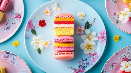 Exquisite Display of Three Vibrant Dessert Slices with Macarons for Culinary Events
