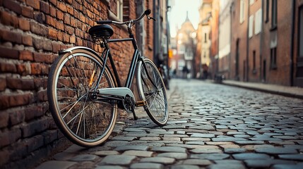 Obraz premium A Vintage Bicycle Leaned Against a Brick Wall on a Cobblestone Street in a Charming European Town