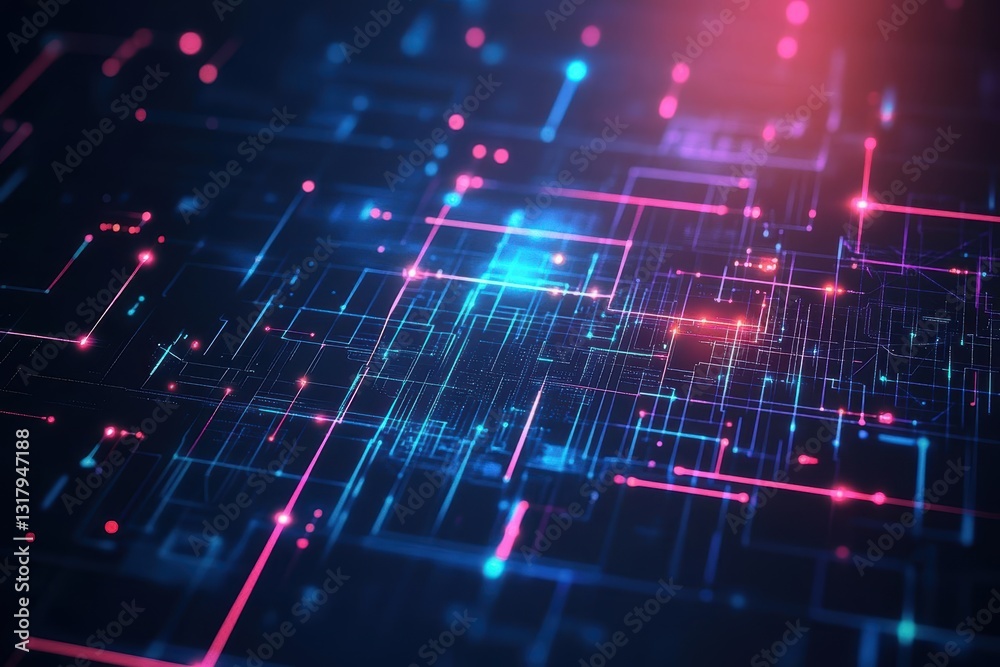 Poster abstract digital technology background with glowing lines and dots, representing data flow and conne