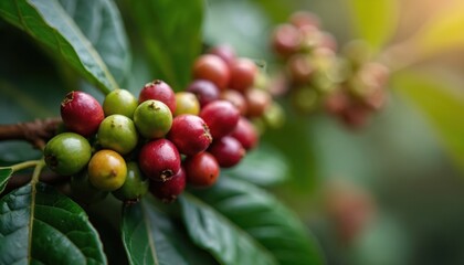Close-up of Arabica coffee beans on tree branch at Doi Chaang plantation in Thailand. Red, green ripening coffee berries and leaves ready for harvesting. Gourmet coffee origin class specialty.