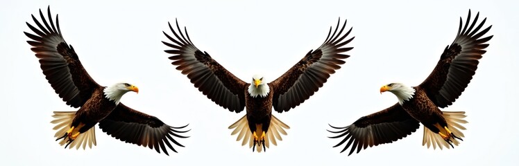 Obraz premium Set of three bald eagles isolated on white background. Majestic birds of prey in flight showcase wingspan, freedom, power. Avian predators soar, hunt in sky. Wildlife animal with sharp eye, feather,