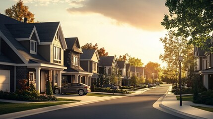 Obraz premium Serene Suburban Streetscape at Sunset: A Vision of Comfortable Living