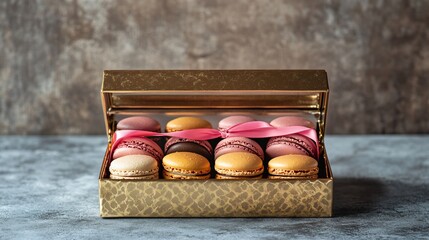 Professional Image of Vibrant Macarons in a Gold-Plated Box with Pink for Gourmet Dessert Presentation