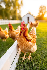 Fototapeta premium Chickens roam freely across a vibrant green yard, enjoying the fresh grass while a cozy coop sits quietly in the background under the warm glow of sunset