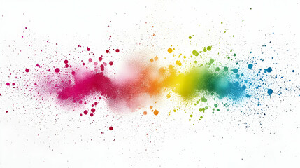 Obraz premium Vivid Rainbow Powder Explosion With Scattered Colorful Particles On A White Background With Dynamic Energy And Motion
