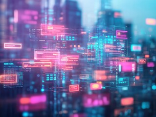 Fototapeta premium Futuristic cityscape with glowing data streams, showcasing advanced technology and vibrant colors in a digital environment.