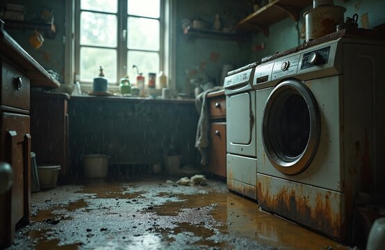 Damaged washing machine floods kitchen floor. Dirty water leaking appliance, creating mess, disarray. Home disaster scene urgent maintenance needs. Household problem after laundry room flooding. - Powered by Adobe