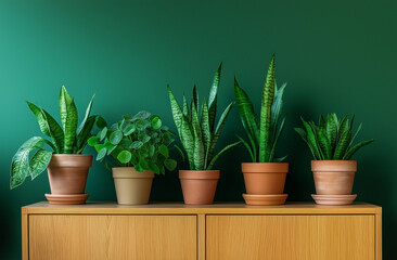 Obraz premium potted plants on a wooden sideboard against a green wall, home decor, green houseplants in pots, indoor garden, plant decorations, home interior design