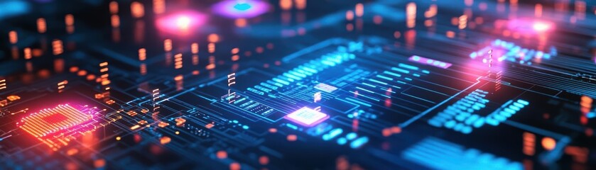 Futuristic digital circuit board with glowing lights and intricate patterns, representing technology and innovation.