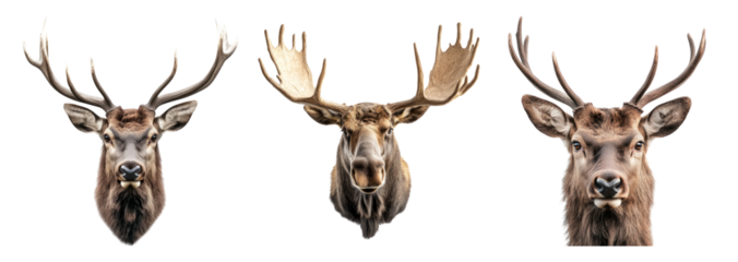 Three Distinct Moose Heads Displaying Unique Antler Configurations, PNG bundle collection, Isolated on Transparent Background