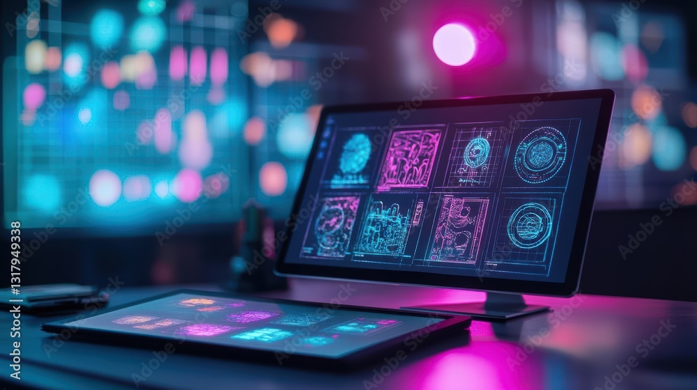 Poster futuristic workspace with vibrant screens displaying data analytics and digital interfaces in a mode