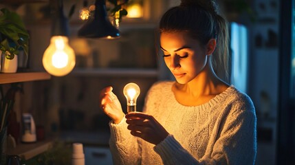 Professional woman changing light bulb in hanging lamp at home for maintenance and repair