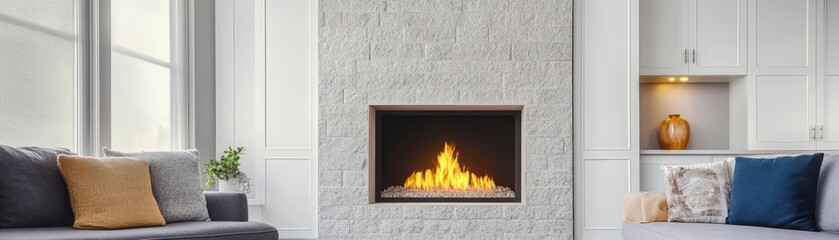 Modern living room with a stylish fireplace, warm ambiance, and elegant decor creating a cozy atmosphere for relaxation.