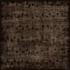 Dark grunge brown background with sketchy black hearts and flowers. Vintage distressed pattern ideal for rustic Valentine or scrapbook themes.