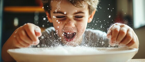 Professional Image of Young Boy Demonstrating Excess Salt Usage for Educational Material