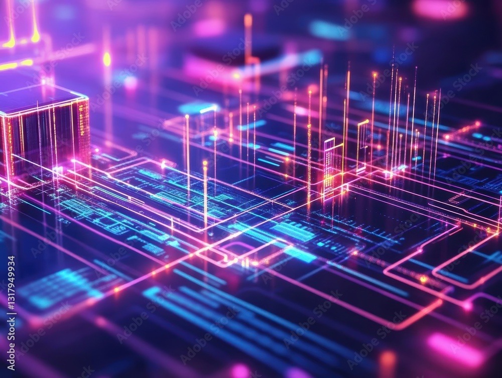 Poster vibrant abstract network with glowing lines and shapes, representing digital technology and data flo