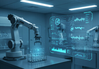Robotic Arm Handling Test Tubes with Holographic Chemical & Genetic Data