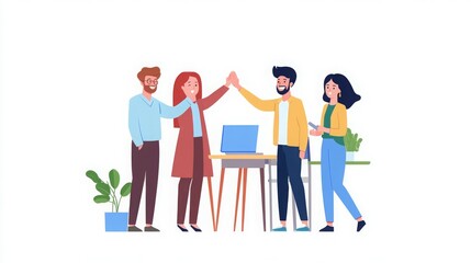 Obraz premium A group of four colleagues celebrating success in a modern office setting.