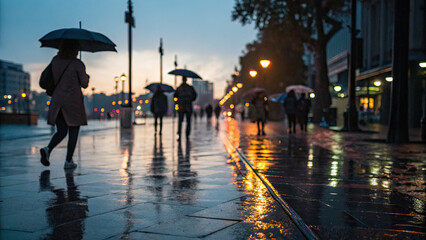 Rainy city streets at dusk, glowing reflections on wet pavement as silhouettes of people move through neon-lit puddles, blending solitude and urban vibrance.