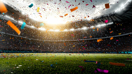 Stadium Scene With Falling Confetti And Bright Sunlight Over Green Field