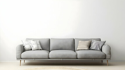 Modern Minimalist Living Room Interior Design Featuring a Light Grey Sofa Patterned Cushions and Neutral Rug