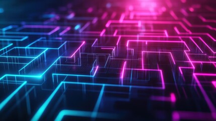 Vibrant neon maze pattern with glowing lines creating a mesmerizing digital landscape, perfect for technology and abstract themes.