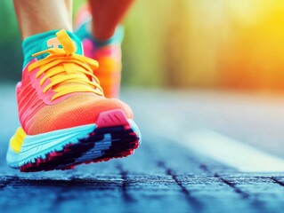 Vibrant running shoe on a sunny track, showcasing athleticism and energy for fitness enthusiasts and sports lovers.