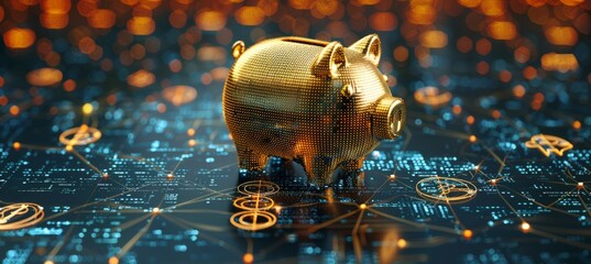 Golden piggy bank surrounded by floating symbols of digital currency in a modern financial setting