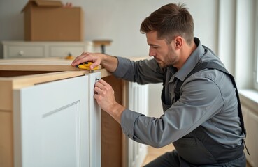 Focused man attaches door to wooden cabinet. Pro worker in uniform works with custom furniture at client house. Skilled specialist assembles prefabricated cupboard, uses tool. Renovation service.