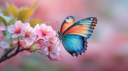 Vibrant butterfly on cherry blossoms in spring