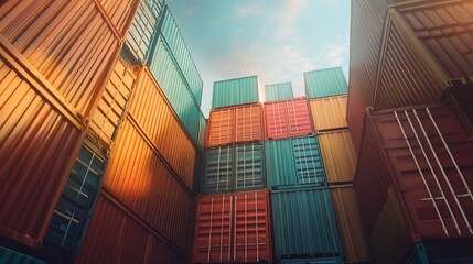 Fototapeta premium Colorful Shipping Containers Stacked High Against a Blue Sky Backdrop
