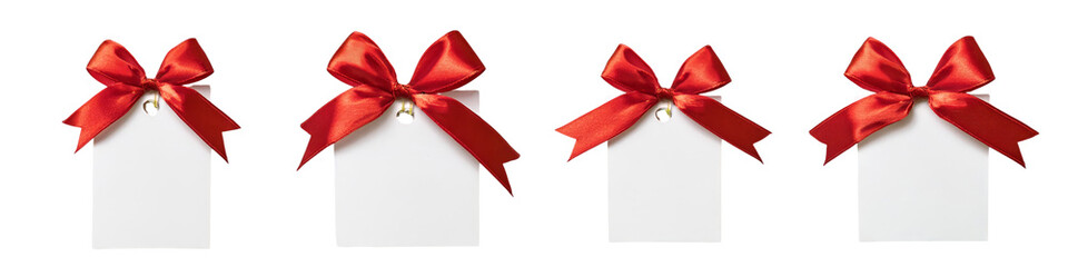 White blank tags with red ribbon bows isolated on transparent background