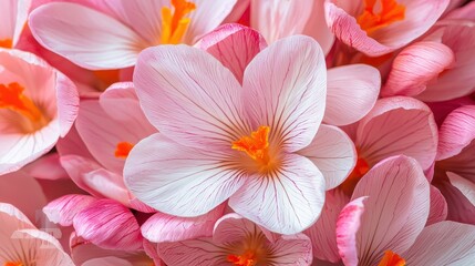 Naklejka premium A vibrant cluster of pink flowers with orange centers, showcasing delicate petals and a lush, natural aesthetic.