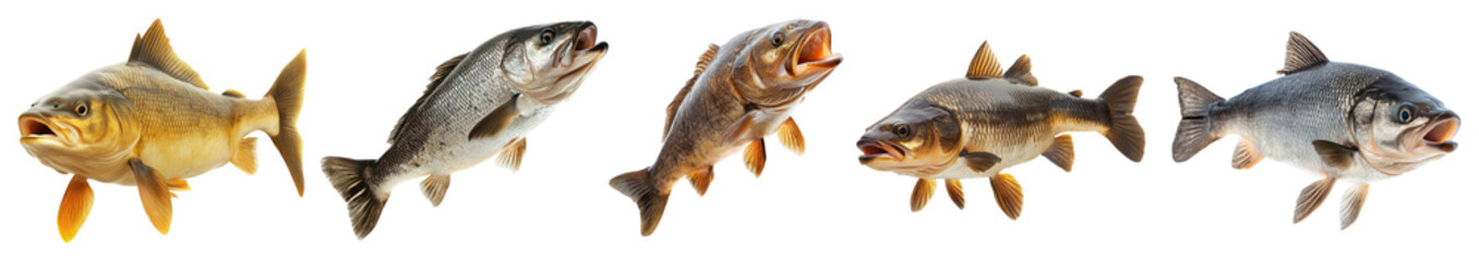 Realistic Fish Collection with Various Freshwater Species Displayed, PNG bundle collection, Isolated on Transparent Background